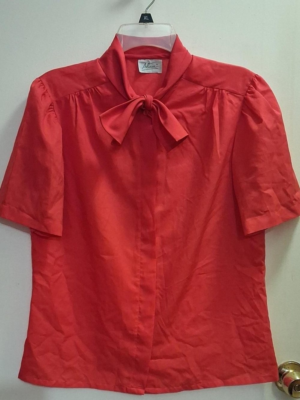 Women's Red Bow Tie Neck Short Sleeve Blouse